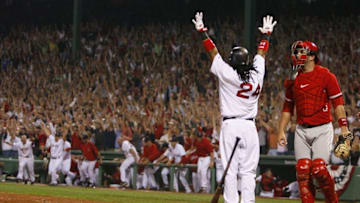 BOSTON - OCTOBER 5: Manny Ramirez #24 of the Boston Red Sox celebrates after connecting for a three-run home run to defeat the Los Angeles Angels, 6-3, in Game 2 of the American League Division Series at Fenway Park October 5, 2007 in Boston, Massachusetts. (Photo by Jim Rogash/Getty Images)