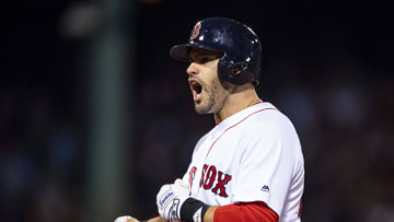 BOSTON, MA - OCTOBER 24: J.D. Martinez #28 of the Boston Red Sox reacts after hitting an RBI single during the fifth inning of game two of the 2018 World Series against the Los Angeles Dodgers on October 23, 2018 at Fenway Park in Boston, Massachusetts. (Photo by Billie Weiss/Boston Red Sox/Getty Images)