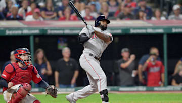 CLEVELAND, OHIO - AUGUST 13: Jackie Bradley Jr. #19 of the Boston Red Sox hits a solo homer to take the lead during the tenth inning against the Cleveland Indians at Progressive Field on August 13, 2019 in Cleveland, Ohio. (Photo by Jason Miller/Getty Images)