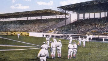 BOSTON - 1912. Pre game activity in Boston in new Fenway Park in 1912 is depicted on this color postcard from that year.. (Photo by Mark Rucker/Transcendental Graphics, Getty Images)