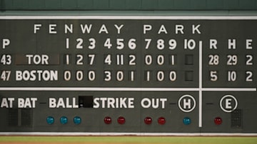 BOSTON, MASSACHUSETTS - JULY 22: A general view of the Green Monster scoreboard after the Toronto Blue Jays defeated the Boston Red Sox at Fenway Park on July 22, 2022 in Boston, Massachusetts. (Photo by Brian Fluharty/Getty Images)