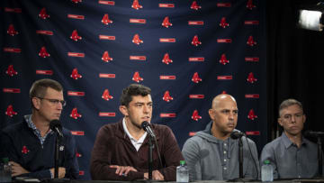 BOSTON, MA - OCTOBER 25: President & CEO Sam Kennedy, Chief Baseball Officer Chaim Bloom, Manager Alex Cora, and General Manager Brian OHalloran of the Boston Red Sox address the media during an end of season press conference on October 25, 2021 at Fenway Park in Boston, Massachusetts. (Photo by Billie Weiss/Boston Red Sox/Getty Images)