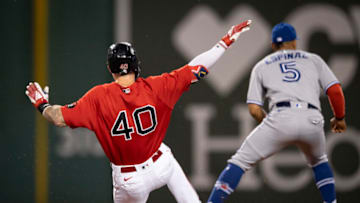 BOSTON, MA - AUGUST 25: Jarren Duran #40 of the Boston Red Sox slides into second base after hitting a game-tying rbi double during the sixth inning of a game against the Toronto Blue Jays on August 25, 2022 at Fenway Park in Boston, Massachusetts. (Photo by Maddie Malhotra/Boston Red Sox/Getty Images)