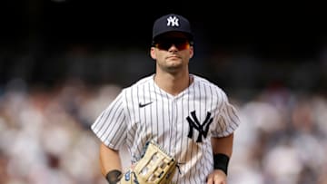 NEW YORK, NY - JULY 31: Andrew Benintendi #18 of the New York Yankees runs off the field against the Kansas City Royals during the seventh inning at Yankee Stadium on July 31, 2022 in the Bronx borough of New York City. (Photo by Adam Hunger/Getty Images)