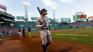 BOSTON, MA - AUGUST 12: Aaron Judge #99 of the New York Yankees heads to the on deck circle during the first inning against the Boston Red Sox at Fenway Park on August 12, 2022 in Boston, Massachusetts. (Photo By Winslow Townson/Getty Images)