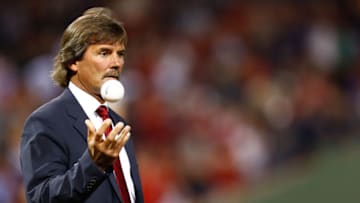 BOSTON, MA - SEPTEMBER 26: Former Boston Red Sox player Dennis Eckersley is honored during a ceremony for the All Fenway Park Team prior to the game against the Tampa Bay Rays on September 26, 2012 at Fenway Park in Boston, Massachusetts. (Photo by Jared Wickerham/Getty Images)
