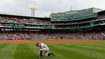 BOSTON, MA - JULY 8: Aaron Judge #99 of the New York Yankees pauses before a game against the Boston Red Sox on July 8, 2022 at Fenway Park in Boston, Massachusetts. (Photo by Billie Weiss/Boston Red Sox/Getty Images)