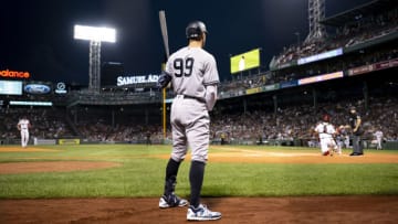 BOSTON, MA - SEPTEMBER 13: Aaron Judge #99 of the New York Yankees warms up on deck during the first inning of a game against the Boston Red Sox on September 13, 2022 at Fenway Park in Boston, Massachusetts.(Photo by Billie Weiss/Boston Red Sox/Getty Images)