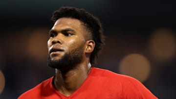 BOSTON, MASSACHUSETTS - AUGUST 24: Franchy Cordero #16 of the Boston Red Sox looks on during the fourth inning against the Toronto Blue Jays at Fenway Park on August 24, 2022 in Boston, Massachusetts. (Photo by Maddie Meyer/Getty Images)