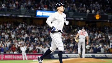 NEW YORK, NEW YORK - SEPTEMBER 22: Aaron Judge #99 of the New York Yankees is walked by Michael Wacha #52 of the Boston Red Sox (not pictured) during the first inning at Yankee Stadium on September 22, 2022 in the Bronx borough of New York City. (Photo by Sarah Stier/Getty Images)