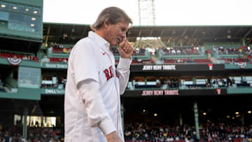 BOSTON, MA - APRIL 20: Boston Red Sox hall of famer Dennis Eckersley takes the field for a pre-game ceremony honoring the life and career of Jerry Remy before a game against the Toronto Blue Jays on April 20, 2022 at Fenway Park in Boston, Massachusetts. (Photo by Maddie Malhotra/Boston Red Sox/Getty Images)