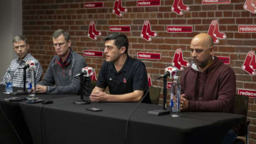 BOSTON, MA - OCTOBER 6: General Manager Brian OHalloran, President & CEO Sam Kennedy, Chief Baseball Officer Chaim Bloom, and Manager Alex Cora of the Boston Red Sox address the media during a press conference following the final game of the 2022 season on October 6, 2022 at Fenway Park in Boston, Massachusetts. (Photo by Billie Weiss/Boston Red Sox/Getty Images)