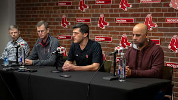 BOSTON, MA - OCTOBER 6: General Manager Brian OHalloran, President & CEO Sam Kennedy, Chief Baseball Officer Chaim Bloom, and Manager Alex Cora of the Boston Red Sox address the media during a press conference following the final game of the 2022 season on October 6, 2022 at Fenway Park in Boston, Massachusetts. (Photo by Billie Weiss/Boston Red Sox/Getty Images)