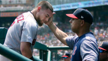 DETROIT, MI - JULY 7: Christian Vazquez #7 of the Boston Red Sox is congratulated by manager Alex Cora #20 of the Boston Red Sox after hitting a two-run home run against the Detroit Tigers during the second inning at Comerica Park on July 7, 2019 in Detroit, Michigan. (Photo by Duane Burleson/Getty Images)
