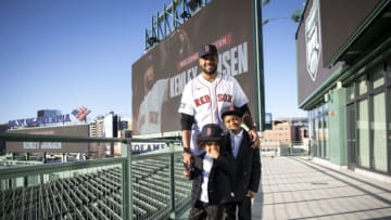 BOSTON, MA - DECEMBER 13: Kenley Jansen #74 of the Boston Red Sox poses for a photo with his sons after a press conference announcing his contract agreement with the Boston Red Sox on December 13, 2022 at Fenway Park in Boston, Massachusetts. (Photo by Maddie Malhotra/Boston Red Sox/Getty Images)