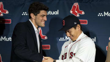 BOSTON, MA - DECEMBER 15: Chief Baseball Officer Chaim Bloom introduces Masataka Yoshida #7 of the Boston Red Sox during a press conference announcing his contract agreement with the Boston Red Sox on December 15, 2022 at Fenway Park in Boston, Massachusetts. (Photo by Billie Weiss/Boston Red Sox/Getty Images)