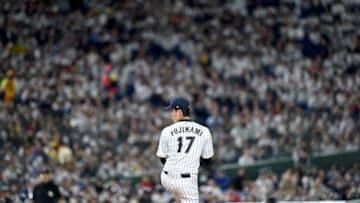 Japan's setupper Shintaro Fujinami throws a ball in the top of the fourth inning during the World Baseball Classic Pool B first round match between Japan and China at Tokyo Dome in Tokyo on March 10, 2017. / AFP PHOTO / TORU YAMANAKA (Photo credit should read TORU YAMANAKA/AFP via Getty Images)