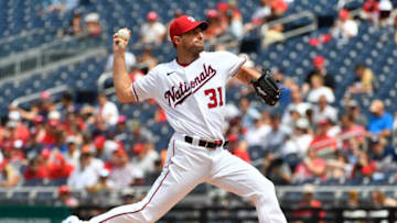 Jul 18, 2021; Washington, District of Columbia, USA; Washington Nationals starting pitcher Max Scherzer (31) throws to the San Diego Padres during the first inning at Nationals Park. Mandatory Credit: Brad Mills-USA TODAY Sports