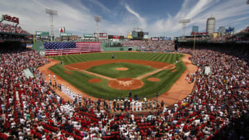 July 04, 2010; Boston, MA, USA; A general view as a large American flag hangs over the green monster before the start of the game between the Boston Red Sox and the Baltimore Orioles at Fenway Park. Mandatory Credit: Greg M. Cooper-USA TODAY Sports