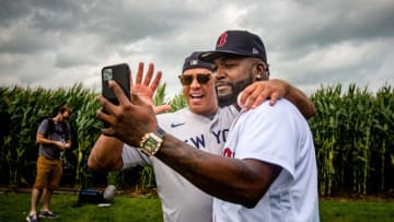 Alex Rodriguez and David Ortiz chat on a FaceTime call before filming a video at the Field of Dreams movie site outside of Dyersville, Wednesday, Aug. 11, 2021.Fieldofdreams30 JpgSyndication The Des Moines Register