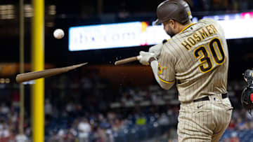 May 17, 2022; Philadelphia, Pennsylvania, USA; San Diego Padres first baseman Eric Hosmer (30) breaks his bat on a line out during the sixth inning against the Philadelphia Phillies at Citizens Bank Park. Mandatory Credit: Bill Streicher-USA TODAY Sports