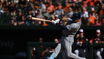 Jun 18, 2022; Baltimore, Maryland, USA; Tampa Bay Rays center fielder Kevin Kiermaier (39) swing through a third inning single against the Baltimore Orioles at Oriole Park at Camden Yards. Mandatory Credit: Tommy Gilligan-USA TODAY Sports