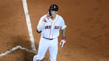 Aug 9, 2022; Boston, Massachusetts, USA; Boston Red Sox center fielder Jarren Duran (40) reacts at home plate after hitting a home run during the fifth inning against the Atlanta Braves at Fenway Park. Mandatory Credit: Bob DeChiara-USA TODAY Sports