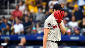 Aug 21, 2022; Williamsport, Pennsylvania, USA; Boston Red Sox pitcher Nick Pivetta (37) reacts after the first inning against the Baltimore Orioles at Muncy Bank Ballpark at Historic Bowman Field. Mandatory Credit: Evan Habeeb-USA TODAY Sports