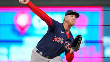 Aug 29, 2022; Minneapolis, Minnesota, USA; Boston Red Sox relief pitcher Zack Kelly (76) makes his major league debut against the Minnesota Twins in the sixth inning at Target Field. Mandatory Credit: Brad Rempel-USA TODAY Sports
