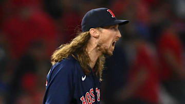 Jun 8, 2022; Anaheim, California, USA; Boston Red Sox relief pitcher Matt Strahm (55) reacts after the final out the ninth inning earning a save to defeat the Los Angeles Angels for their 14th loss in a row at Angel Stadium. Mandatory Credit: Jayne Kamin-Oncea-USA TODAY Sports