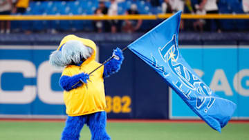 Sep 3, 2022; St. Petersburg, Florida, USA; Tampa Bay Rays mascot Raymond celebrates winning against the New York Yankees at Tropicana Field. Mandatory Credit: Rich Storry-USA TODAY Sports