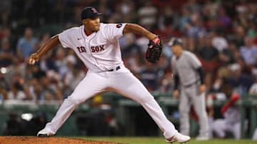 Sep 13, 2022; Boston, Massachusetts, USA; Boston Red Sox relief pitcher Jeurys Familia (31) delivers a pitch during the tenth inning against the New York Yankees at Fenway Park. Mandatory Credit: Paul Rutherford-USA TODAY Sports