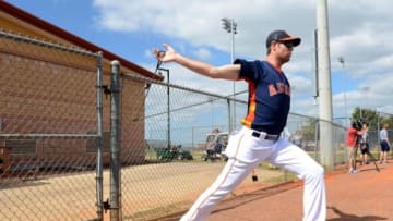 Feb 19, 2016; Kissimmee, FL, USA; Houston Astros pitcher Doug Fister (58) stretches before the workout at Osceola County Stadium. Mandatory Credit: Jonathan Dyer-USA TODAY Sports