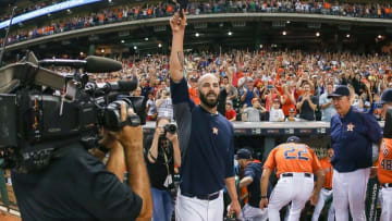 Aug 21, 2015; Houston, TX, USA; Houston Astros starting pitcher Mike Fiers (54) waves to the crowd after pitching a no-hitter against the Los Angeles Dodgers at Minute Maid Park. The Astros defeated the Dodgers 3-0. Mandatory Credit: Troy Taormina-USA TODAY Sports