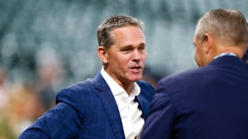 HOUSTON, TX - OCTOBER 06: Hall of Famer and former Houston Astros player Craig Biggio talks with Houston Astros president Reid Ryan during batting practice prior to Game Two of the American League Division Series against the Cleveland Indians at Minute Maid Park on October 6, 2018 in Houston, Texas. (Photo by Bob Levey/Getty Images)
