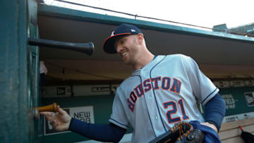 OAKLAND, CA - MAY 31: Derek Fisher #21 of the Houston Astros stands in the dugout prior to the game against the Oakland Athletics at the Oakland-Alameda County Coliseum on May 31, 2019 in Oakland, California. The Astros defeated the Athletics 3-2. (Photo by Michael Zagaris/Oakland Athletics/Getty Images)