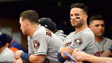 ST PETERSBURG, FLORIDA - OCTOBER 07: Jose Altuve #27 of the Houston Astros looks on against the Tampa Bay Rays during the sixth inning in Game Three of the American League Division Series at Tropicana Field on October 07, 2019 in St Petersburg, Florida. (Photo by Julio Aguilar/Getty Images)