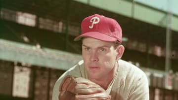 American baseball player Robin Roberts posing on the field, circa 1955. Roberts played most of his nineteen year career as a pitcher for the Philadelphia Phillies (1948-1961) and was elected to the Baseball Hall of Fame in 1976. (Photo by Hulton Archive/Getty Images)