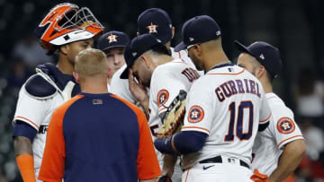 HOUSTON, TEXAS - MAY 12: Jose Urquidy #65 of the Houston Astros reacts as he leaves the game in the fourth inning against the Los Angeles Angels at Minute Maid Park on May 12, 2021 in Houston, Texas. (Photo by Bob Levey/Getty Images)