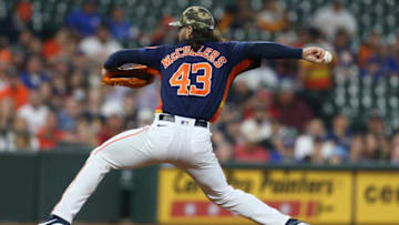 May 16, 2021; Houston, Texas, USA; Houston Astros starting pitcher Lance McCullers Jr. (43) pitches against the Texas Rangers in the first inning at Minute Maid Park. Mandatory Credit: Thomas Shea-USA TODAY Sports