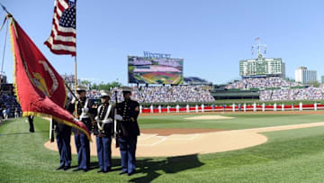 May 30, 2016; Chicago, IL, USA; Members of the Marine Corps show the colors during the national anthem prior to the game between the Chicago Cubs and the Los Angeles Dodgers at Wrigley Field. Mandatory Credit: David Banks-USA TODAY Sports