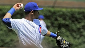 Jun 17, 2016; Chicago, IL, USA; Chicago Cubs catcher Willson Contreras (40) warms up before the game against the Pittsburgh Pirates at Wrigley Field. Mandatory Credit: Matt Marton-USA TODAY Sports