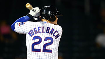 Oct. 9, 2014; Mesa, AZ, USA; Chicago Cubs first baseman Dan Vogelbach plays for the Mesa Solar Sox against the Salt River Rafters during an Arizona Fall League game at Cubs Park. Mandatory Credit: Mark J. Rebilas-USA TODAY Sports