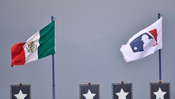 MONTERREY, MEXICO - MAY 05: Mexico's and MLB's flags are seen in the Estadio de Beisbol Monterrey prior the Houston Astros vs Los Angeles Angels of Anaheim match as part of the Mexico Series at Estadio de Beisbol Monterrey on May 05, 2019 in Monterrey, Nuevo Leon. (Photo by Azael Rodriguez/Getty Images)
