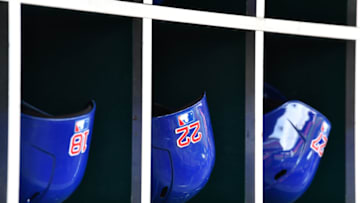 A general view of batting helmets before a game. (Photo by Jamie Sabau/Getty Images) *** Local Caption ***