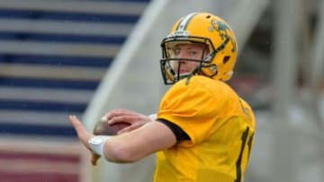 Jan 26, 2016; Mobile, AL, USA; North squad quarterback Carson Wentz of North Dakota State (11) throws a pass during Senior Bowl practice at Ladd-Peebles Stadium. Mandatory Credit: Glenn Andrews-USA TODAY Sports