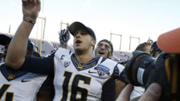 Dec 29, 2015; Fort Worth, TX, USA; California Golden Bears quarterback Jared Goff (16) celebrates after defeating the Air Force Falcons at Amon G. Carter Stadium. California won 55-36. Mandatory Credit: Tim Heitman-USA TODAY Sports