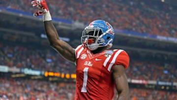 Jan 1, 2016; New Orleans, LA, USA; Mississippi Rebels wide receiver Laquon Treadwell (1) celebrates his ten-yard touchdown catch against the Oklahoma State Cowboys in the second quarter of the 2016 Sugar Bowl at the Mercedes-Benz Superdome. Mandatory Credit: Chuck Cook-USA TODAY Sports