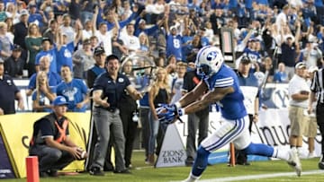 Oct 10, 2015; Provo, UT, USA; Brigham Young Cougars wide receiver Terenn Houk (11) reaches in for the score in first half action against East Carolina Pirates at Lavell Edwards Stadium. Mandatory Credit: Rob Gray-USA TODAY Sports