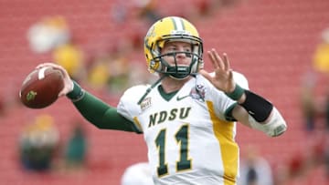 Jan 10, 2015; Frisco, TX, USA; North Dakota State Bison quarterback Carson Wentz (11) throws a pass during pre game warmups against the Illinois State Redbirds at Pizza Hut Park. Mandatory Credit: Tim Heitman-USA TODAY Sports